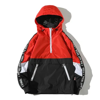 

Letter Patchwork Half Zipper Pullover Windbreaker Track Hooded Jackets Men Autumn Hip Hop Harajuku Loose Coats Streetwear Male