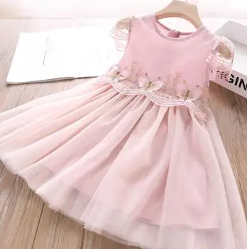 

2020 summer girls princess dress baby girls solid color embroidery tulle dresses kids dress wholesale