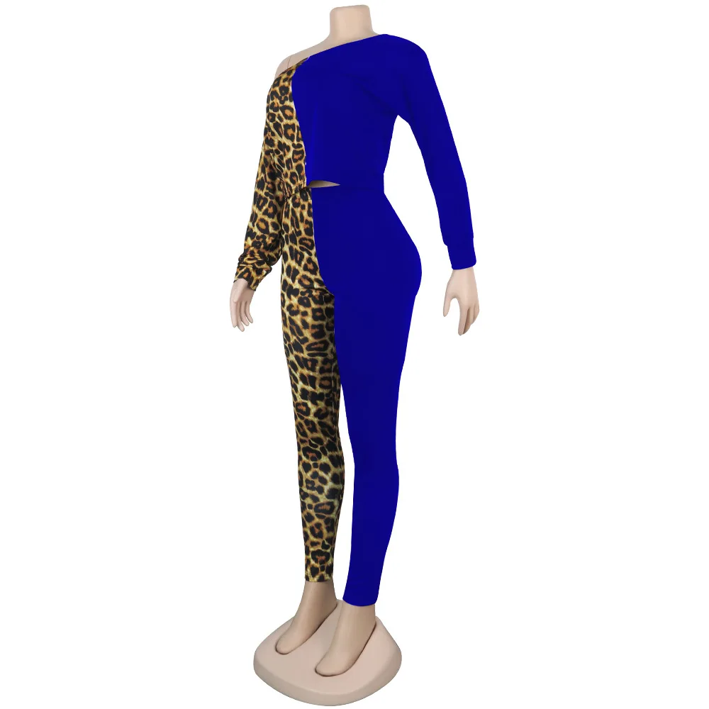 QILI S-3XL с леопардовым принтом, модные женские комбинезоны с открытыми плечами, комплект из двух предметов, Лоскутные Комбинезоны с длинным рукавом