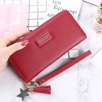 

Leather Wallet Women Solid Color Long Clutch Ladies Purse Card Holder Tassel Women Wallets Zipper Coin Phone Money Pocket Bag