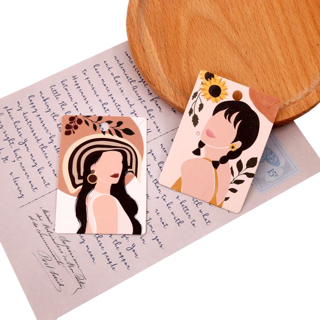 50Pcs 5x9cm White Paper print Girl Pattern earring card Glasses /Brown Face  Girl people Jewelry Display Packaging Cards Tags