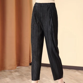 

Plus Size Pants For Women 45-75kg Summer New Casual Big Stretch Miyake Pleated Solid Colour Ankle-Length Pants