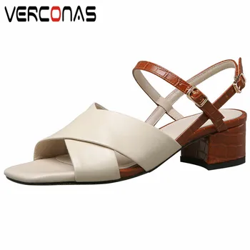 

VERCONAS 2020 Fashion Woman Pumps Woman Sandals Classic Design Genuine Leather Shallow Square Toe Square High Heeled Shoes Woman