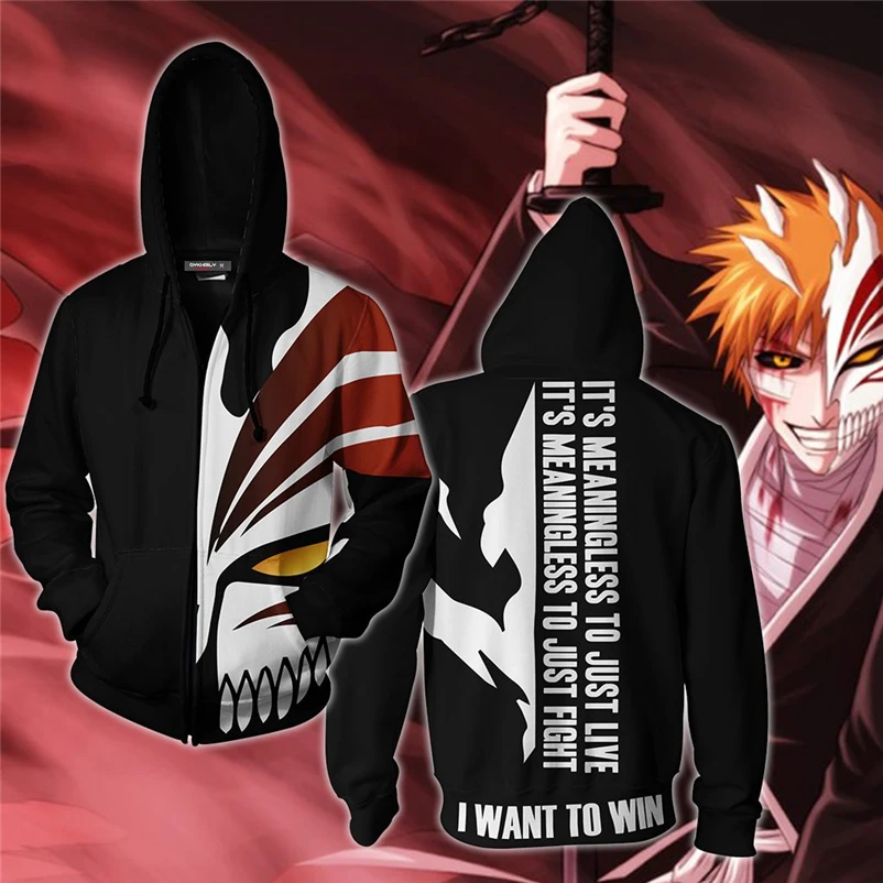 

Men and Women Anime Zip Up Hoodies Anime Bleach Hoodie Kurosaki Ichigo 3d Hooded Sweatshirt Cosplay Costumes Harajuku Streetwear