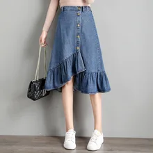 Женские джинсовые юбки размера плюс, корейская мода, Повседневная трапециевидная юбка-Русалка с высокой талией, Джинсовая юбка на пуговицах с оборками и асимметричным подолом