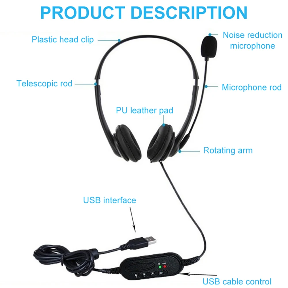 VTIN USB Wired Headphone On ear Headset with Rotation Noise Canceling Mic Long Cord In line Control for PC Windows Skype Laptop