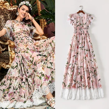 

Floral Print Summer Dress Women O-Neck Ruffles Short Sleeve Elastic Waist Lace Dress Patchwork Long Maxi Dress Beach Party A652