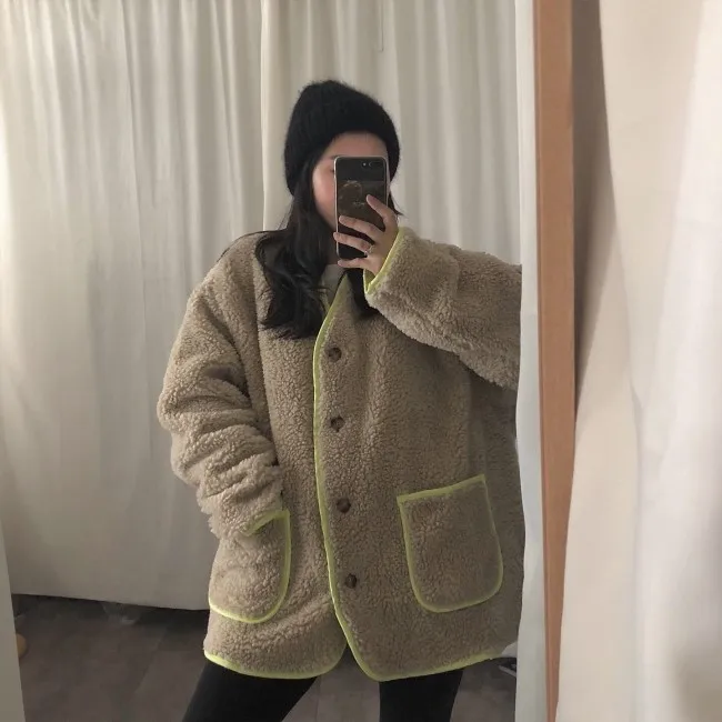 Autumn Women Jacket Long Sleeve Single Breasted Pocket Warm Loose Streetwear Winter Chaqueta Mujer Casual Kurtka Damska