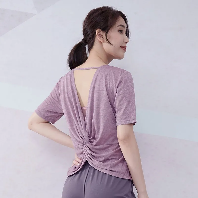 Vansydical Womens V-Neck Yoga Shirts Sexy Backless Quick Dry Running T-Shirts Short Sleeve Workout Gym Fitness Loose Sports Tops