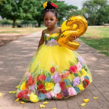 

Yellow Ball Gown Beaded Flower Girl Gowns For Wedding Sheer Jewel Neck 3D Appliqued Pageant Gowns Tulle First Communion Dress