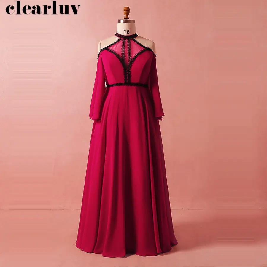 

Halter Neck Evening Dress Robe De Soiree New Plus Size Elegant Pregnant Women Party Dresses T400 2019 Long Sleeves Evening Gown