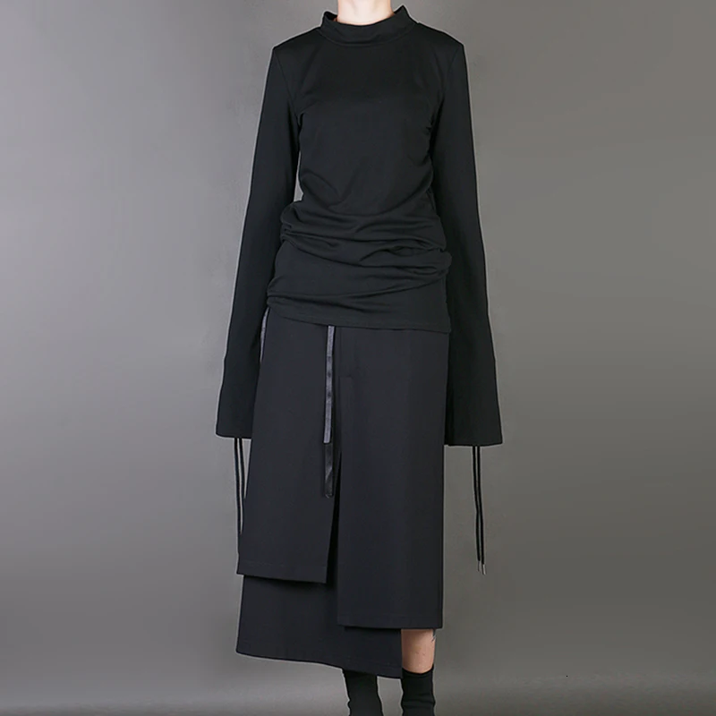 [DEAT] новая осенне-зимняя футболка с воротником-стойкой, с длинными рукавами, с черной лентой, с разрезом, короткая Свободная Женская модная футболка JS85