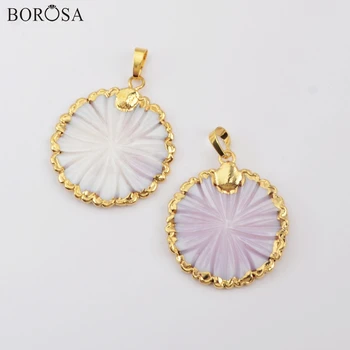 

BOROSA Shell Jewelry, 10Pcs Gold Trim Hand-caved Round Flower Natural White Shell Pendant for Drop Earring Jewelry Making G1896