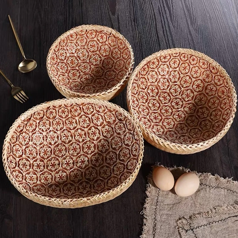 Storage basket kitchen household fruit snacks dry fruit storage tray handmade bamboo woven retro Chinese style home furnishings