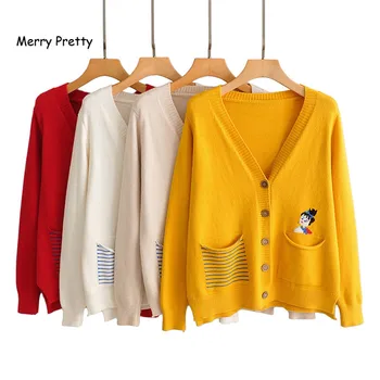 

Merry Pretty Women Cardigans Sweater V neck Sweet Knitwear Single Breasted Cartoon Embroidery Knit Cardigan Outwear Winter Coat