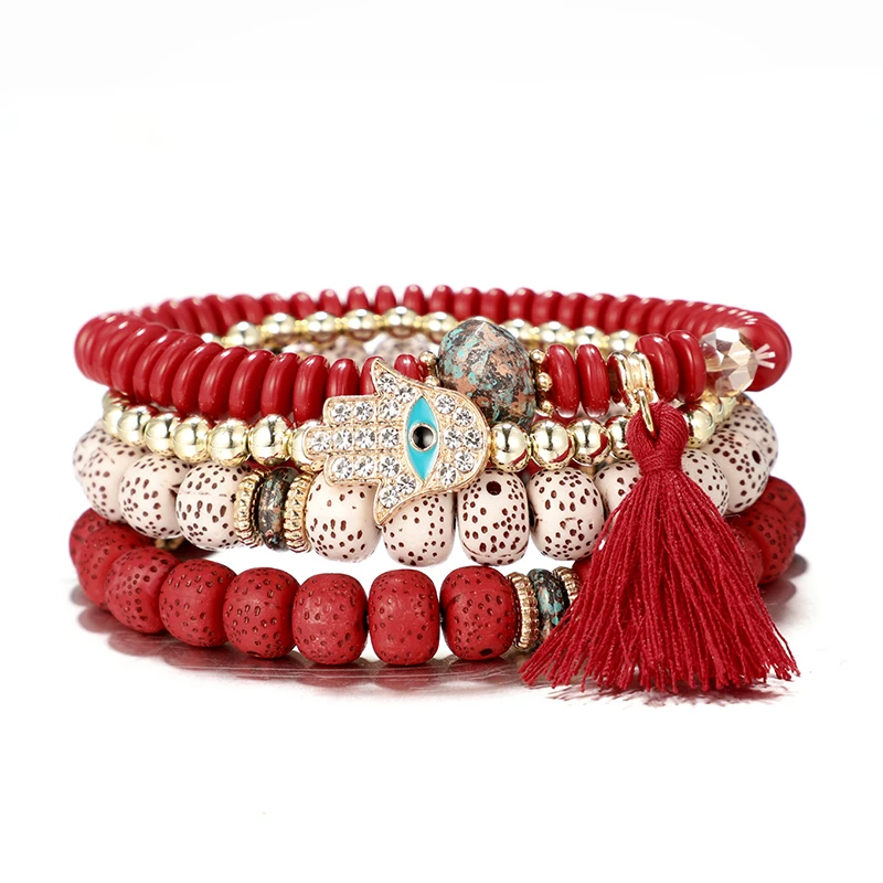 

HuaTang 4pcs /set Bohemian Crystal Hand Tassel Bracelet Set for Women Adjustable Colorful Stone Beadeds Bracelets Bangle 6851