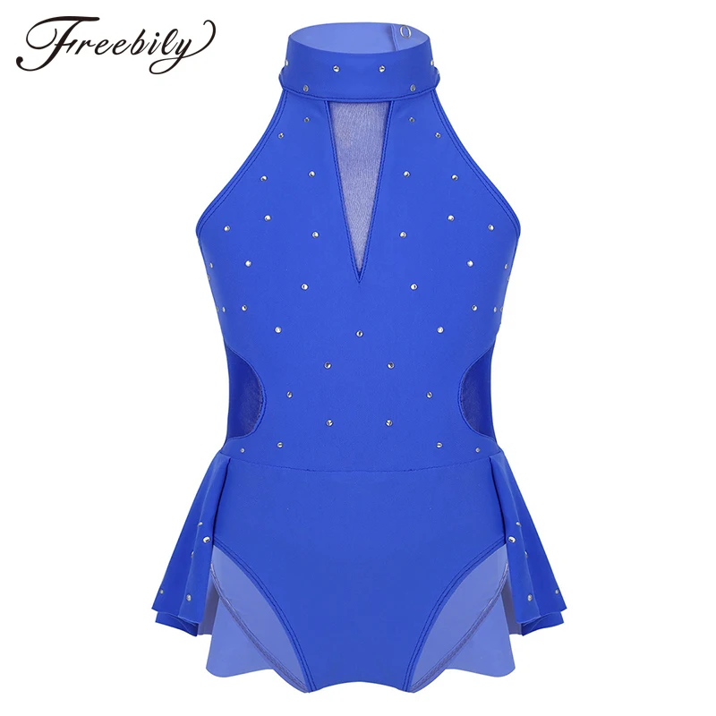 

Kids Teens Shiny Rhinestone Mesh Performance Rave Dance Costume Ballet Gymnastics Leotard Girls Figure Ice Skating Dress