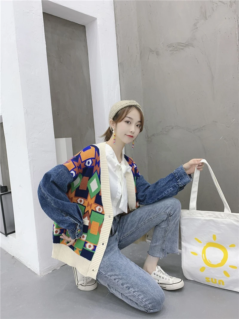 Женское вязаное пальто, Осень-зима, Harajuku, корейский стиль, девичий, винтажный, короткий, свободный, геометрический, джинсовый, комбинированный кардиган, свитера