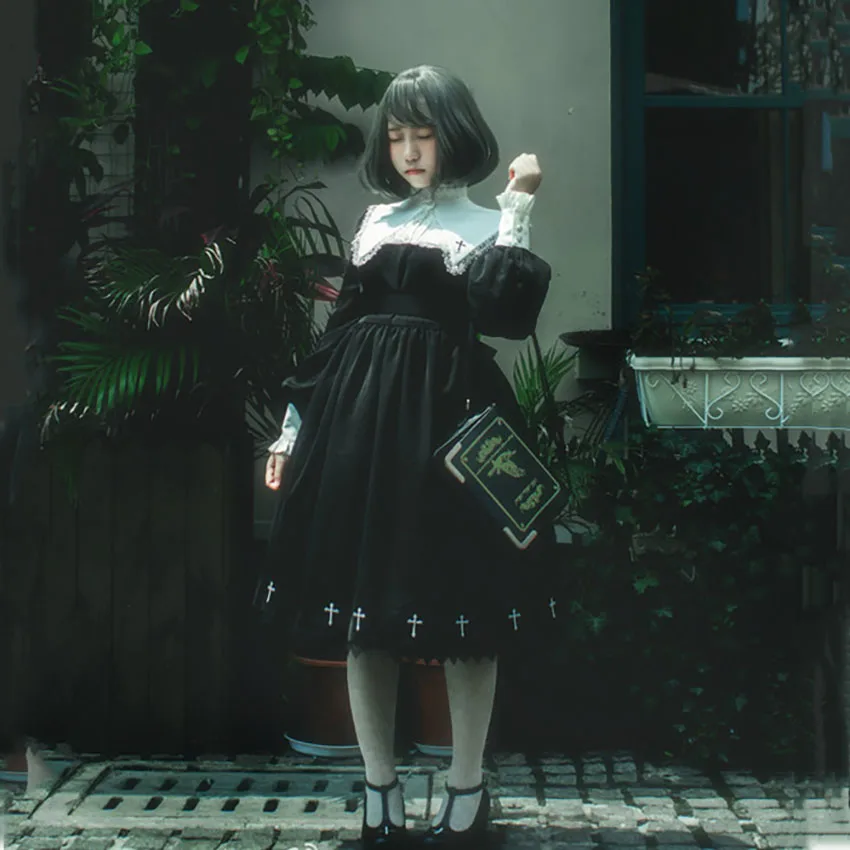 Gothic OP Dress for Women Lolita Black Cross Emboridery Navy Collar Japanese Kawaii Girls Carnival Party Court Princess Style