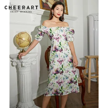 

CHEERART Vintage Puff Sleeve Linen Long Ladies Dress Summer Square Collar Wrap Ditsy Floral Dress Elegant Women