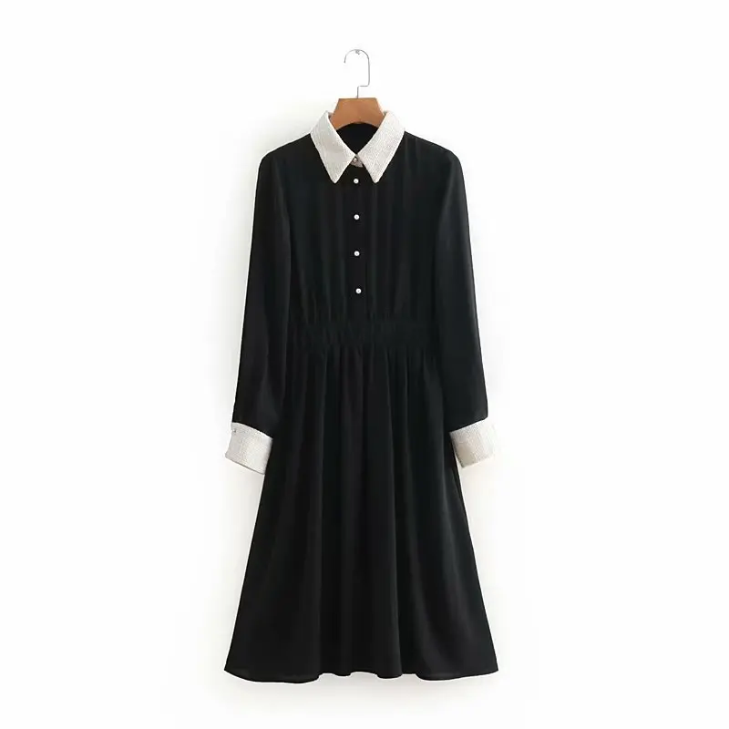 

C0349-5217 # WOMEN'S Dress 2018 Monochrome Big Hemline High-waisted Fold-down Collar Long Sleeve Row Ornament Joint One Piece Me