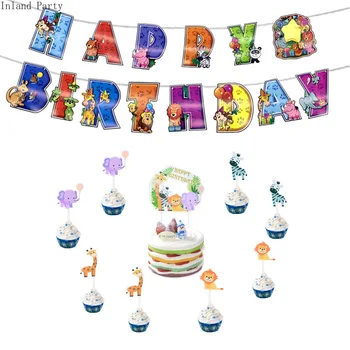 

9pcs Dinosaur Zoo Theme Cake Topper Happy Birthday Banner Letter Cake Top Flag for Kids Birthday Party Wedding Decoration