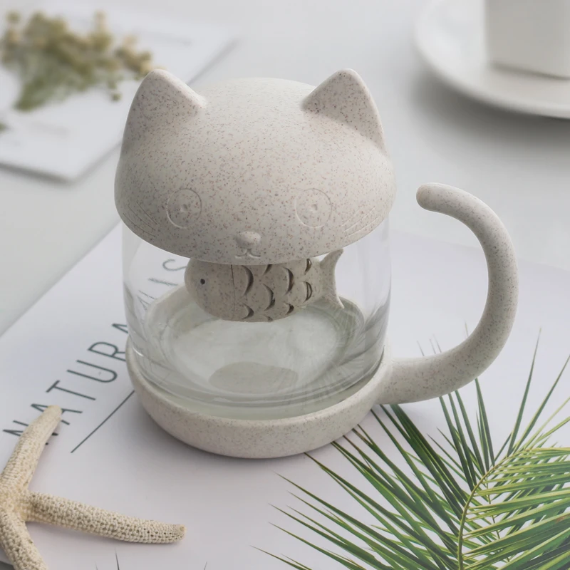 Новинка кофейная кружка Kawaii Cat Fish креативная стеклянная чайная с фильтром и