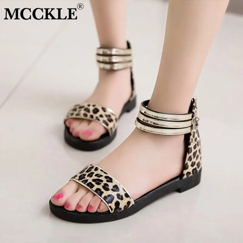 

MCCKLE Women Summer Pu Leather Cover Heels Sandals Woman Zipper Ankle Strap Open Toe Fashion Shoes Female Flat Leopard Print