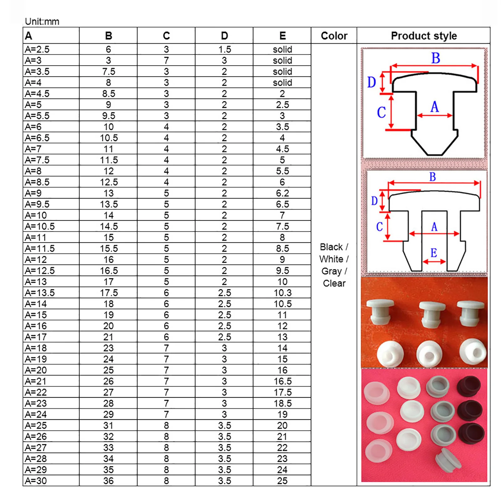 Lot De 10 Bouchons De Trou En Caoutchouc De Silicone De 2,5/3/3,5/4 Mm Solides De Type T Pour Bouchon De Bouchon D'obturation (couleur : Blanc, Taille : 3 Mm