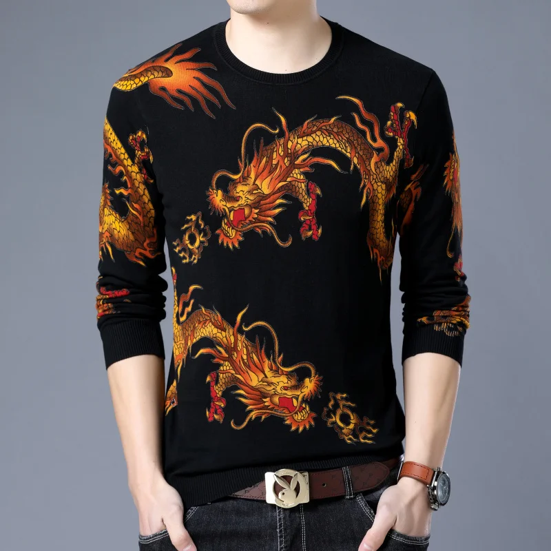 Дракон печати Trui Erkek Kazak Sueter Hombre животное Gedrukt Trui Мужская мода Trui Slim Fit Pull Homme Chompas Hombre