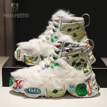 

Female 2019 European leather maomao short boots new winter warm thick bottom graffiti curly high help female short boots