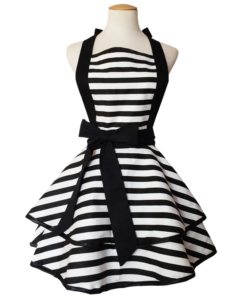 Vintage Retro Black White Striped Double Layer Cooking Pinafore Apron for Women Girl BBQ Baking Pastry Work Clothes C1A5