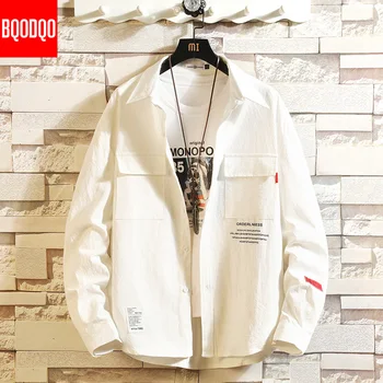 

2019 Cargo Shirt For Men Long Sleeve White Causal Shirts Streetwear BLACK Mens Top Oversized Male Solid Color Stylish Clothing