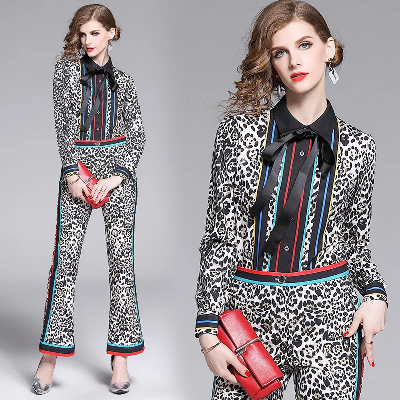 

2019 New Style Europe And America Western Style Leopord Pattern Two-Piece Set WOMEN'S Dress-Style Lace-up Striped Shirt + Trumpe