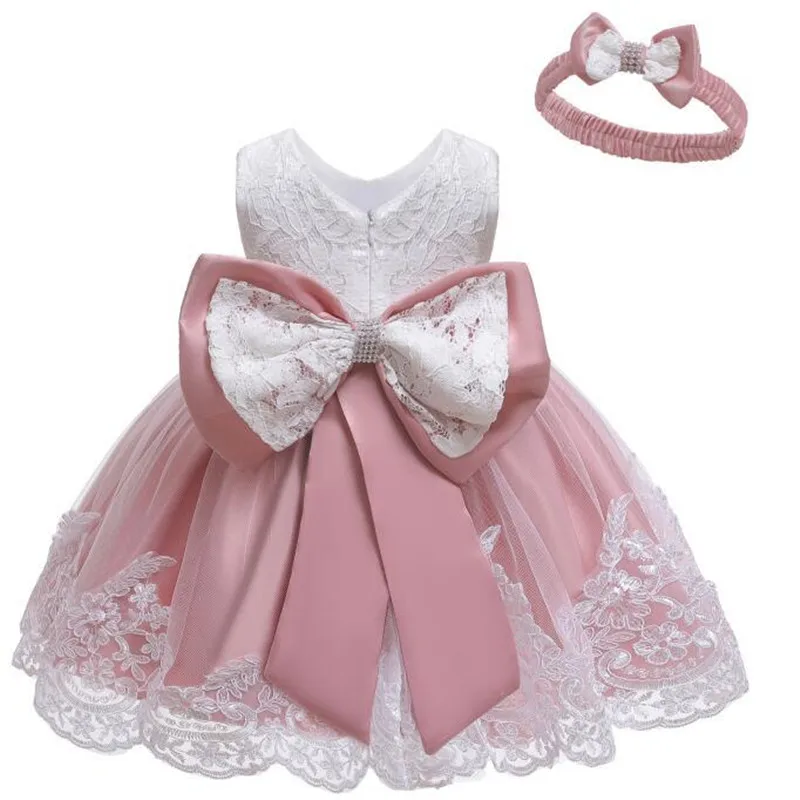 Baby Girls Princess Dress And Hairband 2Pcs Elegant Bow Toddler Girl 1 Years Birthday Party Lace Ball Gown Vestidos Kids Dresses (18)