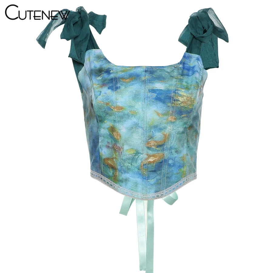 Y2K Vintage Aesthetic Printing Crop Tops Women's Clothes Summer Sexy Bandage Tank Top Skinny Clubwear Camisole Hot Deals