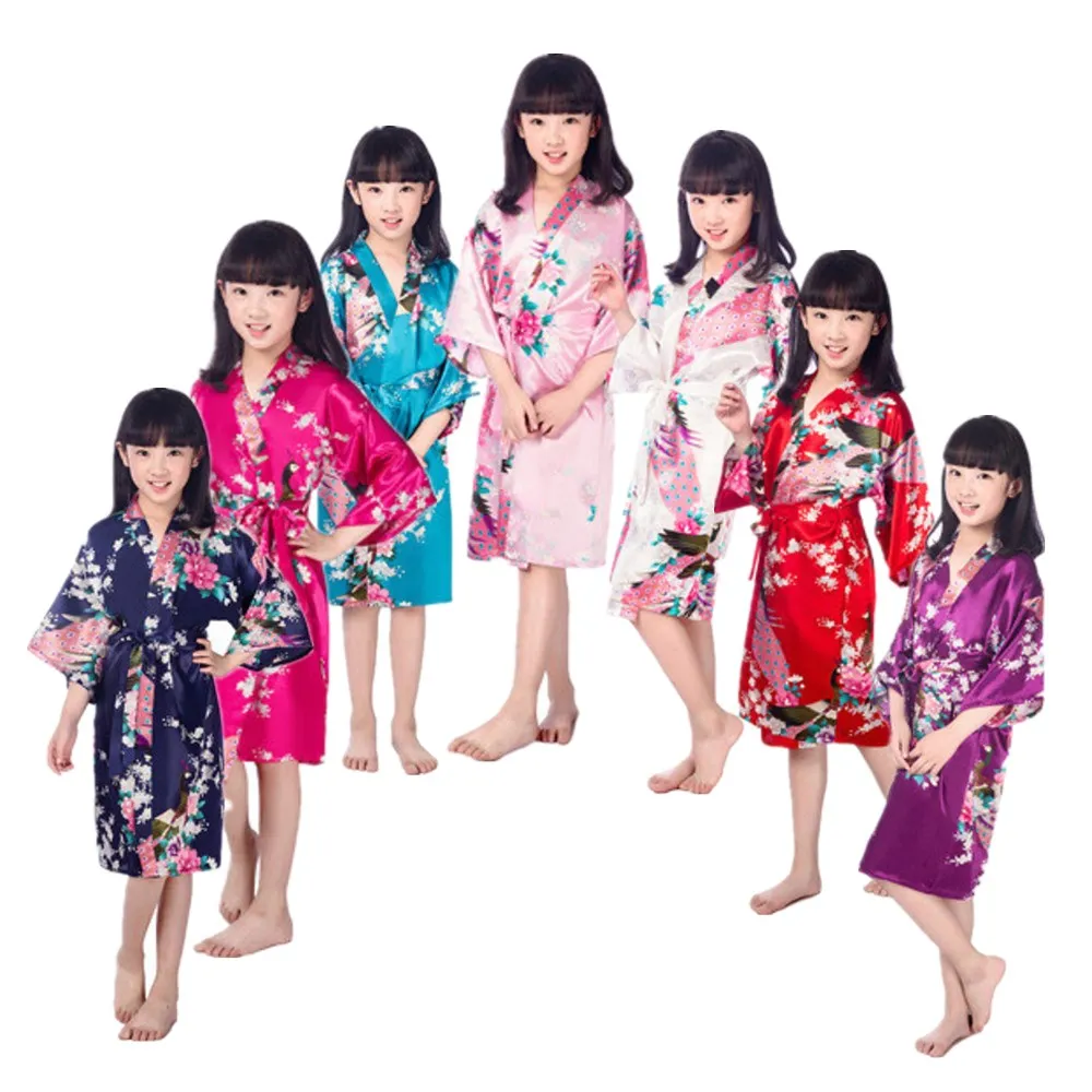 Child's Satin Kimono Robes for Girls Sleepwear Peacock Flower Robe for Spa Wedding Birthday Gift L274