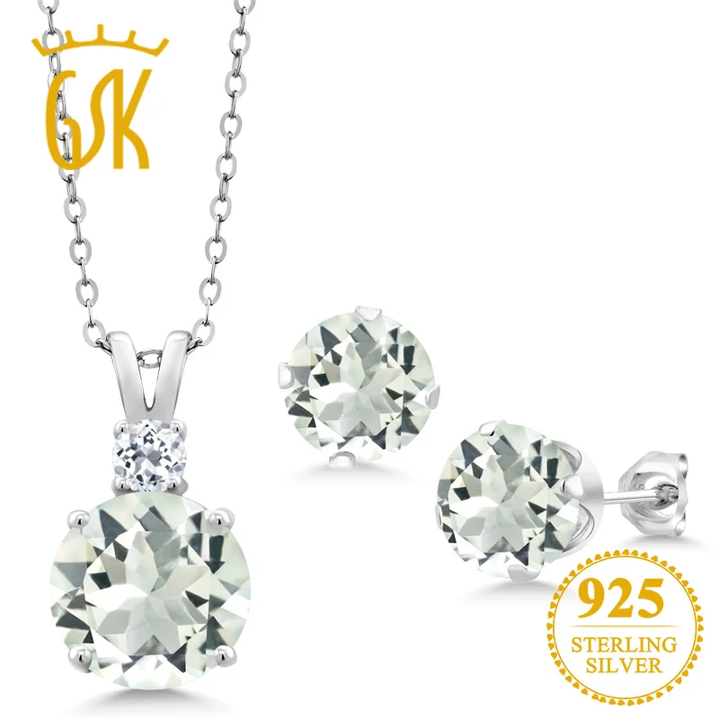 GemStoneKing 5,49 карат Круглый зеленый празиолит 925 пробы Серебряный Кулон Комплект сережек для женщин ювелирные изделия