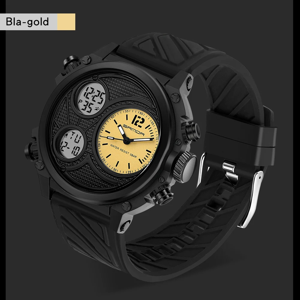 SANDA New Sports Watch Male Outdoor Luminous Waterproof GMT Dual Time Display Chronograph Week Calendar Electronic Watches 3001