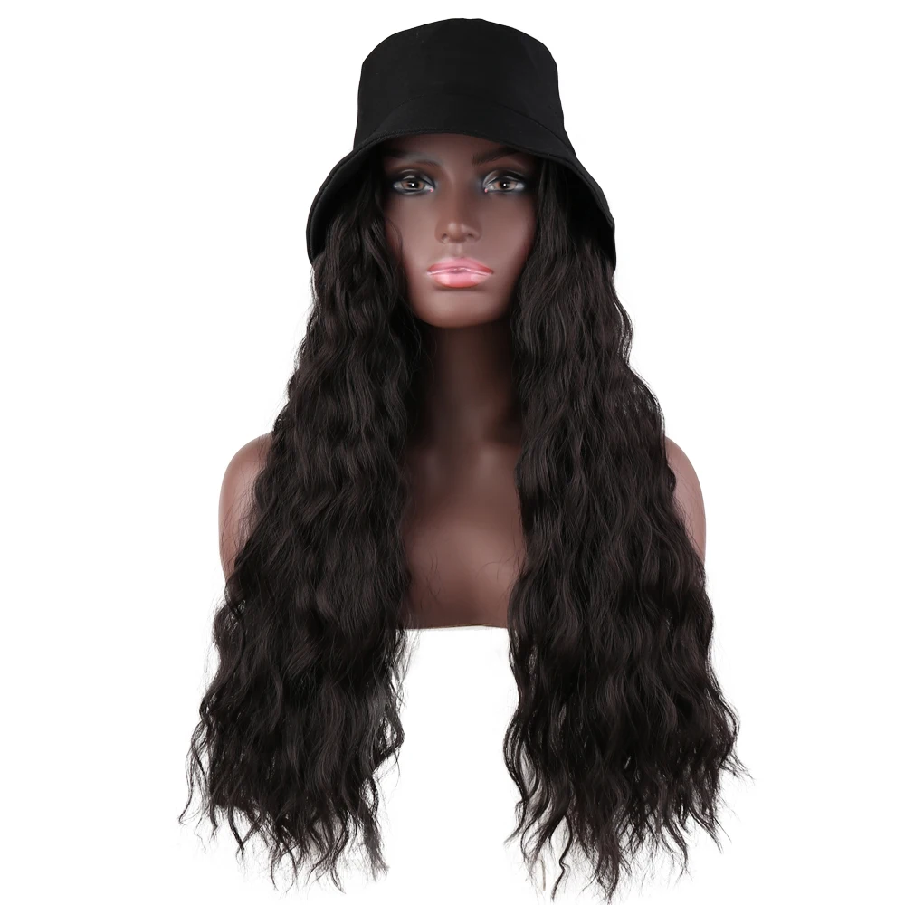 Baseball Cap Hair Wig 22 Inch Synthetic Natural Black / Brown Wave Wigs Naturally Connect Synthetic Hat Wig Adjustable for Women