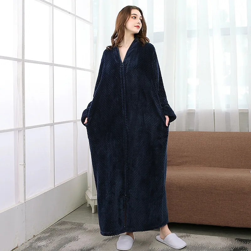 Женский зимний длинный теплый фланелевый банный халат с капюшоном больших размеров 40-100 кг, банный халат на молнии, ночной халат для беременных, Мужская одежда для сна