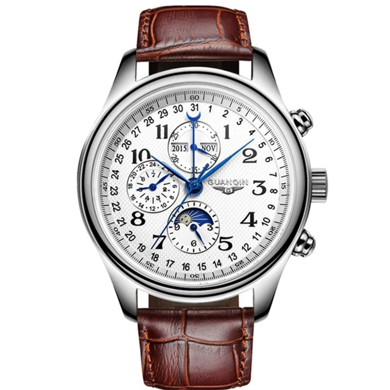 

GUANQIN Brand Luxury Mens Watch Sapphire Mechanical Watch Waterproof Date Calendar Lunar Phase Leather Watch Relogio Masculino