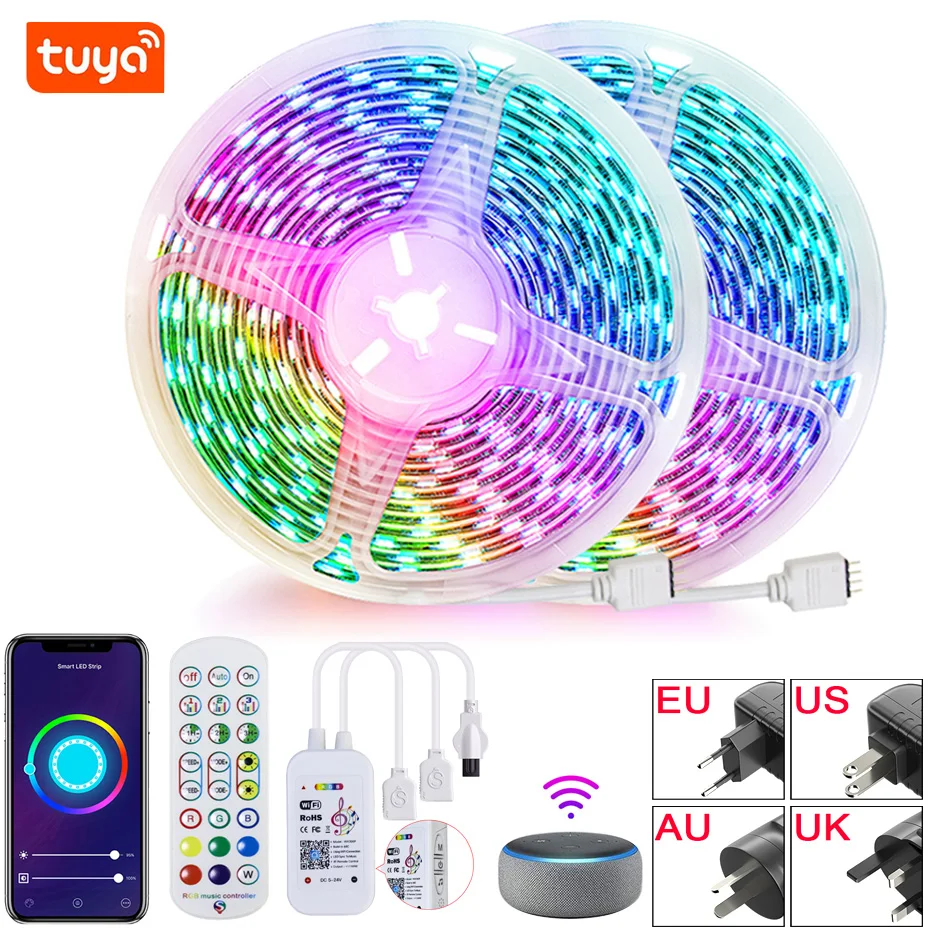 Tuya Smart LED Strip 12V 5050 RGB Flexible Tape Dimmable IR Remote/Bluetooth/Wifi Control Room Lamps Decoration for Alexa | Лампы и