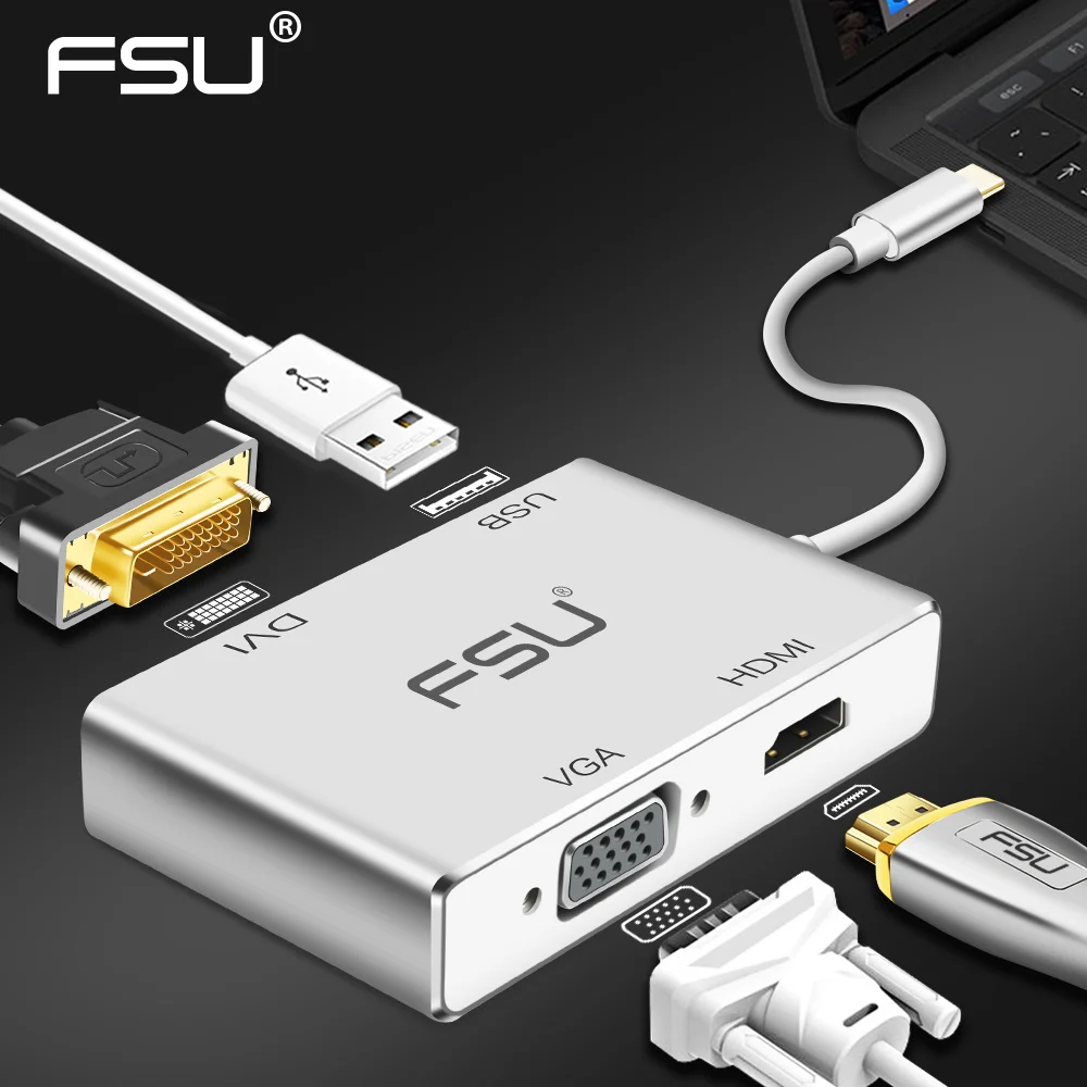 

FSU 4 in 1 USB C HDMI Type c to HDMI 1080p Adapter VGA USB3.0 Audio Video Converter HUB Adapter for Tablet Monitor Laptop