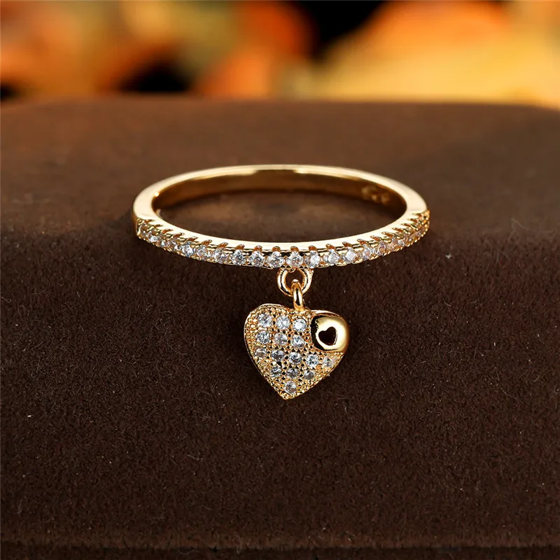 Female Crystal Heart Pendant Rings Gold Silver Color Engagement Ring Charm White Zircon Wedding Jewelry For Women crystal rings engagement rings zircon rings fashion rings wedding rings fashion ring finger rings metal rings