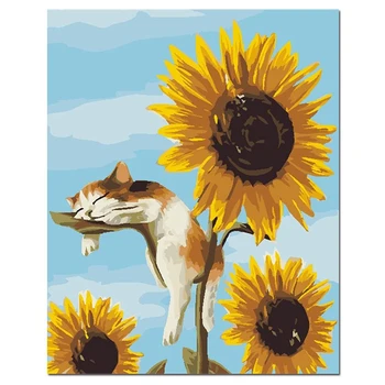 

Paint By Numbers Kits with Brushes and Acrylic Pigment DIY Canvas Painting for Adults Beginner- Cat and Sunflower