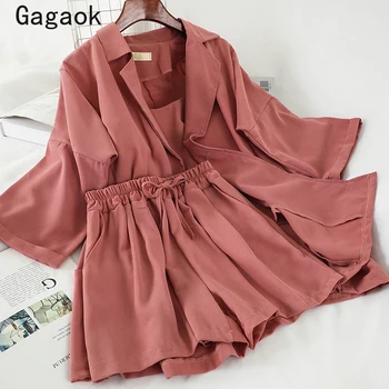 

Gagaok Women High Street Suit 2020 Spring Autumn New Solid Sexy Sling+lapel Loose Casual Coat+ Elastic Waist Wild Casual Short