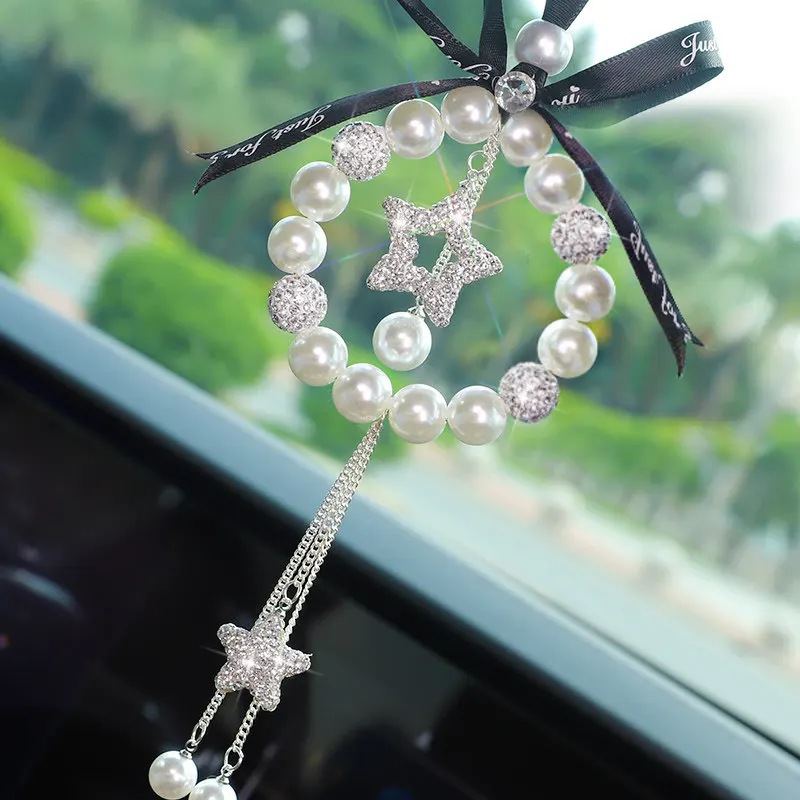  Cute Mirror Charms and Plush Ball Car Accessories for Women -  Crystal and Diamond Cat Rear View Mirror Hanging Ornaments and Decor :  Automotive