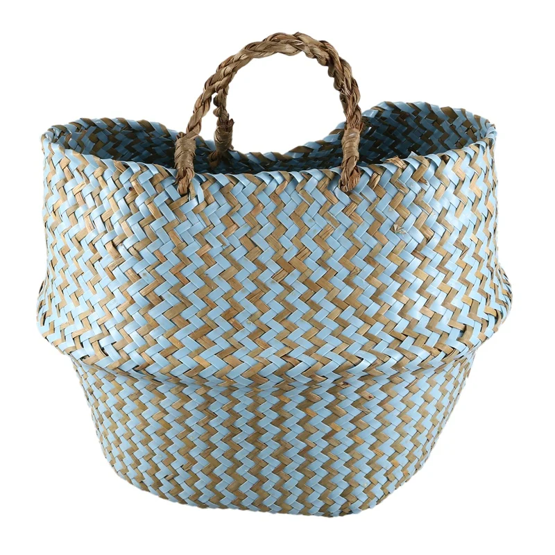 

Foldable Handmade Seagrass Storage Basket Wicker Rattan Belly Straw Garden Flower Pot Wave Pattern Planter Clothes Basket