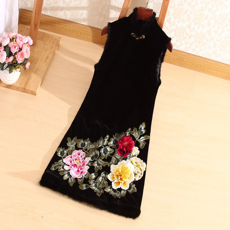 

Женское бархатное платье без рукавов, элегантное свободное платье в китайском ретро-стиле с 3D цветами и винтажной вышивкой пиона, размеры 3XL, Осень-зима